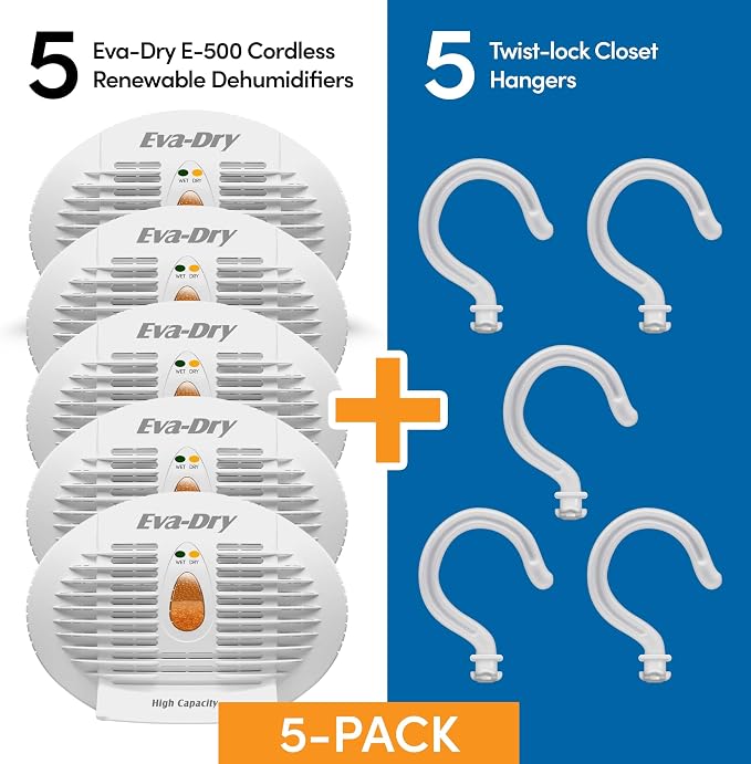 va-Dry E-500 Renewable Silica Gel Dehumidifier 5-Pack — Cordless Operation, Plug-In to Renew | 500 Cu Ft Each | Gun Safe, Closet, Bathroom, Boat, RV | No Batteries | Up to 10 Years
