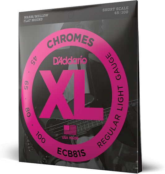 D'Addario XL Chromes Flat Wound Bass Guitar Strings - ECB81S - Short Scale - Regular Light, 45-100