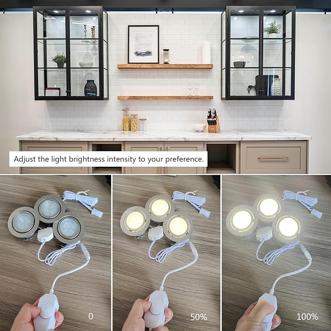 LED Puck Lights Wired Under Cabinet Lighting Dimmable,Recessed Mount,2.5In Hole Halogen Bulb Equiv,12V Under Counter Light Fixture Plug in for Kitchen,Display Shelf,Curio,4000K Daylight White,6pcs