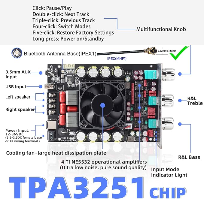 440W Audio Amplifier Board with Treble and Bass Control, TPA3251 Chips, DC 12-36V, Bluetooth 5.2 and AUX Inputs, 2.0 Channel Stereo AMP Board for DIY Wireless Speakers