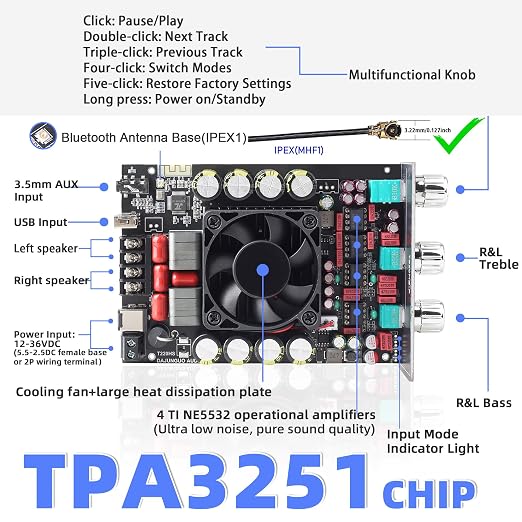 T220HS Power Amplifier Board with Subwoofer 2.0 Channel 220W×2, 12V-36V Audio Power Amplifier Module with Treble and Bass Control