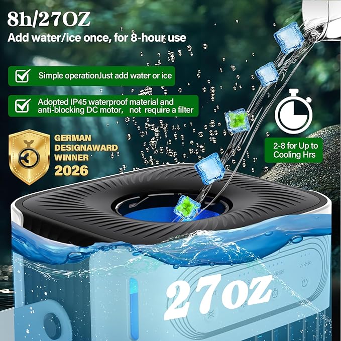 Portable Air Conditioners, 1s fast cooling 16” Standing Fans that Portable AC，120° Oscillating 650ml Water Tank, 5Modes & 4Speeds Cooling Fans