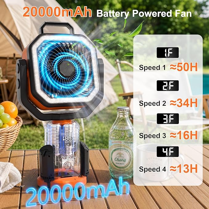 Portable Rechargeable Fan with Stand,20000mAh Battery Powered Camping Fan with LED Lantern& Remote,Cordless,4 Speeds Wind,Timer for Travel Tent, Fishing,Rv Camping Essentials-Orange