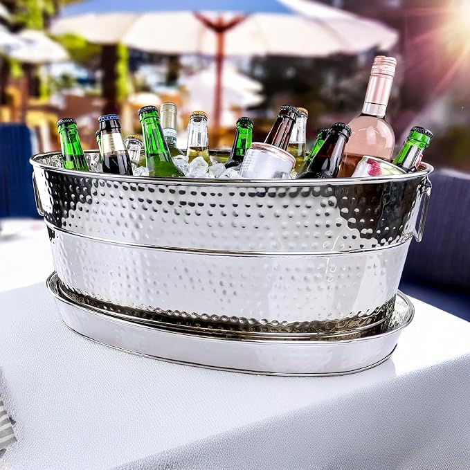 BREKX Aspen Stainless Steel Silver Beverage Tub with Stainless Steel Serving Tray - Heavy-Duty Metal Ice and Drink Bucket for Parties, Large Champagne Bucket with Tray for Mimosa Bar Supplies