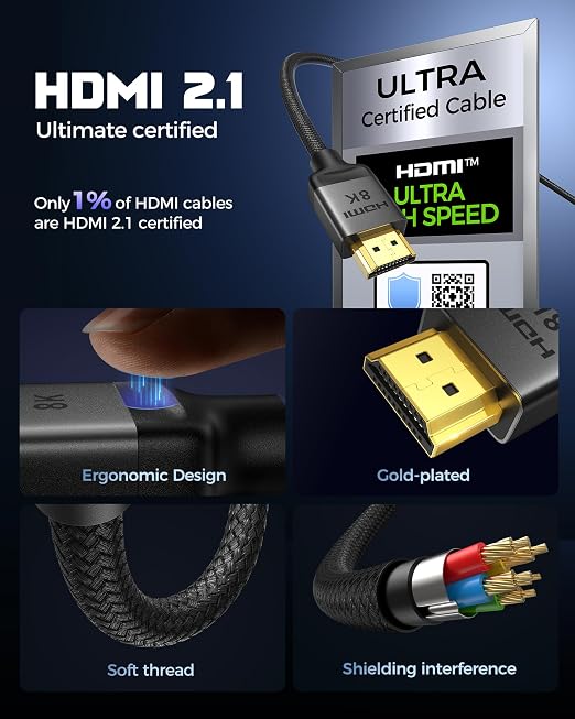 Silkland Certified HDMI 2.1 Cable, [4K@240Hz 144Hz 120Hz, 8K@60Hz] 1440P Ultra High Speed HDMI Cable 48Gbps (Upgrade Braided), HDR10+, eARC, HDCP 2.3, Compatible for Xbox/PS5/PS4/Roku TV