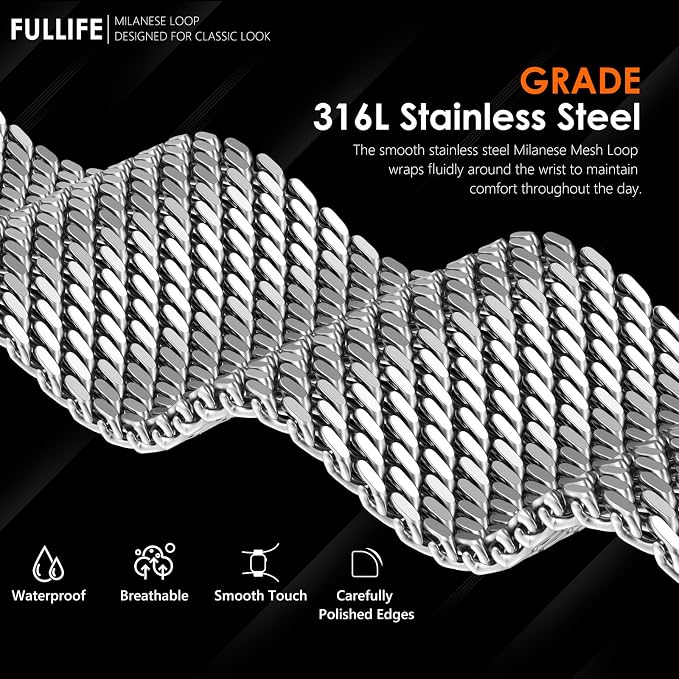 FULLIFE Milanese Mesh Loop for Apple Watch Band Apple Watch Ultra 3/2/1 Band 49mm 46mm 45mm 44mm Men Women, Stainless Steel Metal Band Parachute-style Buckle for iWatch Series 11 10 9 8 7 6 SE3 5 4 3