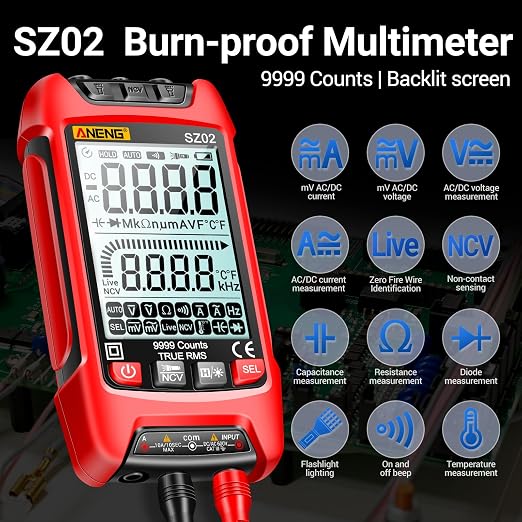 ANENG SZ02 Multimeter,Digital Voltage Tester Meter,TRMS 9999 Counts Voltmeter Measures ac/dc Current,Voltage,NCV,Resistance,Continuity,Capacitance,Diodes,Auto-Ranging Ohm,Amp Electrical Tools