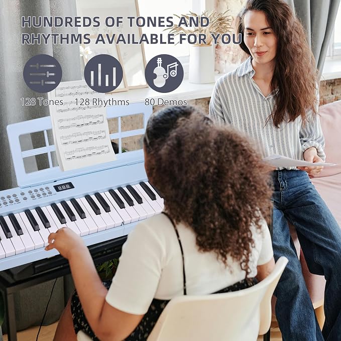 ADM 61 Key Folding Electric Piano Keyboard, Foldable Piano Electronic Keyboard, Wireless 128 Tones, 128 Rhythms Includes Pedal, Gig Bag, Headphones for Beginners, Students, Adults (Blue)