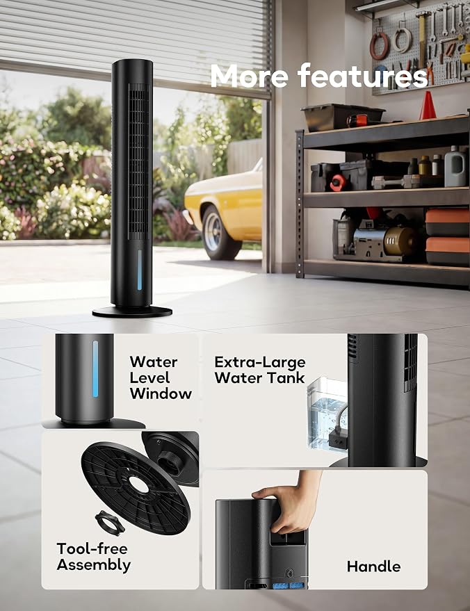 Windowless Portable Air Conditioner, 35.1" Evaporative Air Cooler for Room No Window, 7H Timer, 4 Modes, Remote Control, 140° Max Oscillating, Large Water Tank, Quiet AC Unit for Bedroom, Black