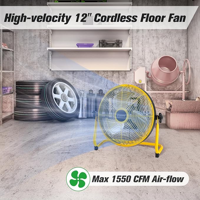 blessny 12'' Portable Rechargeable Floor Fan for Home Patio Camping Gym RV Greenhouse, Max 60 Hours Long Running Time
