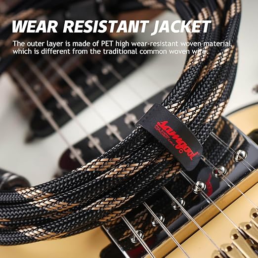 10ft Guitar Cable, 1/4 Inch Straight/Straight Instrument Cable, Electric Guitar Cord Guitar Amp Cord for Bass Guitar Amp and Instruments (1980 Black Steel Braid)
