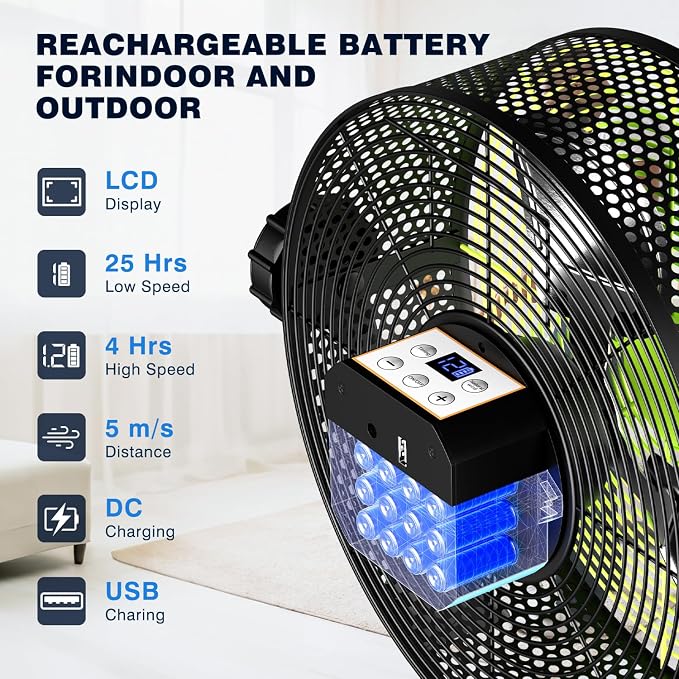 10 Inch Portable Cordless Rechargeable Floor Fan, Whisper Quiet Battery Operated Full Metal Fan, 24H Runtime, 12 Speeds, 12H Timer, USB Charging, for Camping, Outdoor Patio, Home, Garage, Bedroom