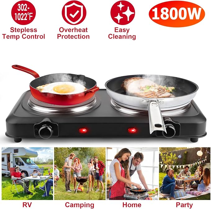 1800W Infrared Dual Burner Portable Electric Hot Plate | 7.5” & 6.3” Glass Cooktops with Stepless Temperature Control (302℉ to 1022℉) | Compact Heating Solution for Home, RV, Camping, and Dorms