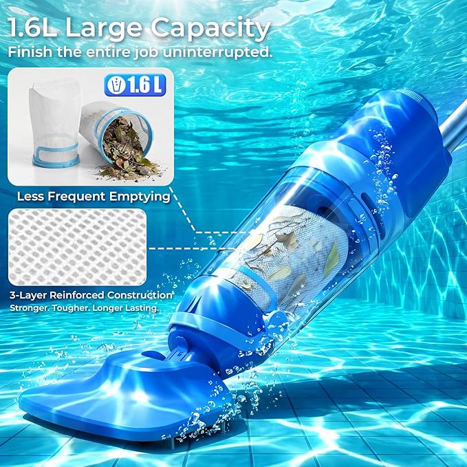 Cordless Pool Vacuum for Inground & Above Ground Pools: 23.8 GPM Powerful Stable Suction, Telescopic Pole up to 90.6", 60-Min Runtime, Extra-Large Filter & Rechargeable Pool Cleaner for Spas/Hot Tubs