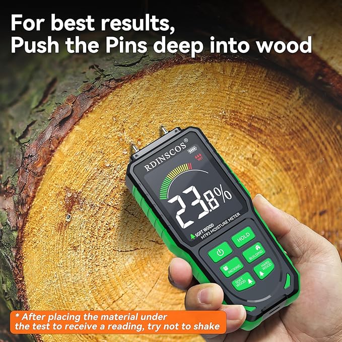 Rechargeable Moisture Meter for Wood, Drywall & Flooring | Pin-Type Moisture Detector, Replaceable Pins, Hold Function, Custom Wood Settings