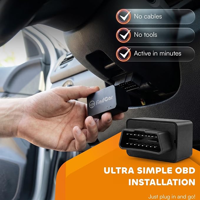 findCar-OBD-4G - GPS Tracker for Vehicles: Car, Motorcycle and Truck with Built-in SIM, Plug-and-Play Connection, Vehicle Tracking with App, Anti-Theft, Speed Alert. Low-Cost Subscription Plans