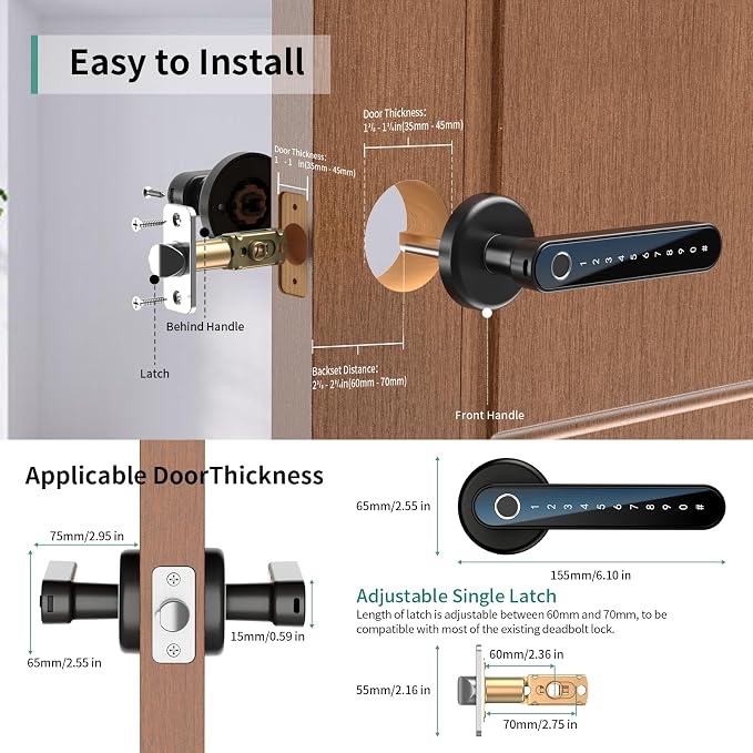 IRONZON Fingerprint Door Handle for Bedrooms - 191Y 4-in-1 Fingerprint Door Lock with Keypad and App Control, Smart Knob for Bedroom with Key, Keyless Entry Door Handle - Black