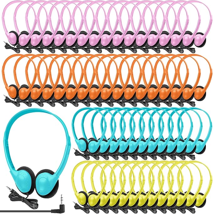 Frienda 48 Pack Classroom Headphones Bulk, Wired School Headsets for Students, Stereo Headphones with 3.5 mm Plug for Classroom, Online Learning, Library(Classic,Blue, Orange, Pink, Yellow)