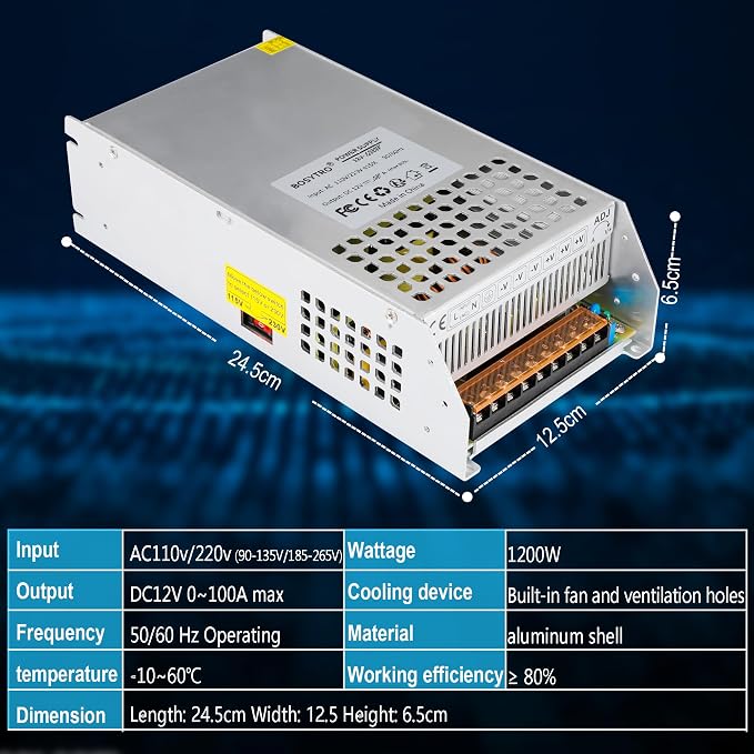 12V 100A 1200W DC Switching Power Supply Adapter PSU AC 110V / 220V-DC 12V Transformer Adapter, for LED Strip Light, CCTV Camera Security System,Computer Project of Industrial Power Supplies