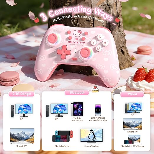 Kuitmor Hello Kitty Switch Pro Controller, Cute Hall Effect Wireless Gamepad No Drift for Switch 2/Switch/OLED/Lite, PC/Steam, Android, iOS, Bluetooth + Wired, Turbo, Back Buttons, 6-Aixs Gyro, Wake-up, RGB (Pink, With 2.4g Receiver)