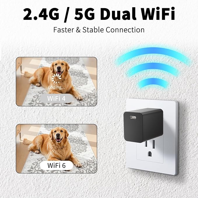 4K Smart Camera Charger with 2.4G/5Ghz Dual WiFi, 160° Wide Angle, Motion Detection, Type-C Plug Indoor Security Mini Camera for Home Pets, iOS & Android App