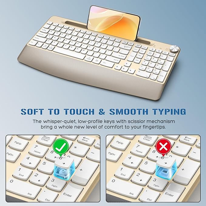 GAMCATZ Ergonomic Wireless Keyboard with Wrist Rest-Low-Profile,Phone/Tablet Holder,Quiet Design，Windows & Mac OS，Full Size Cordless USB Computer Keyboard for Desktop,Laptop, PC, Mac, Windows-Gold