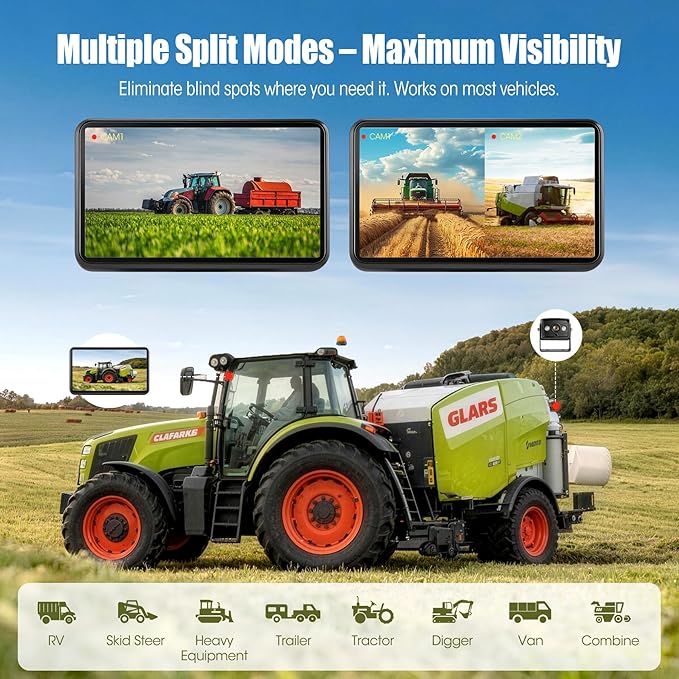 1080P Wired Backup Camera System for Skid Steer, 7" DVR IPS Touchscreen with AHD IP69K Water/Dust Proof Rear Camera, Vibration-Proof 20G for Hitching, Farm Work, UTV, Tractor, Truck, Combine