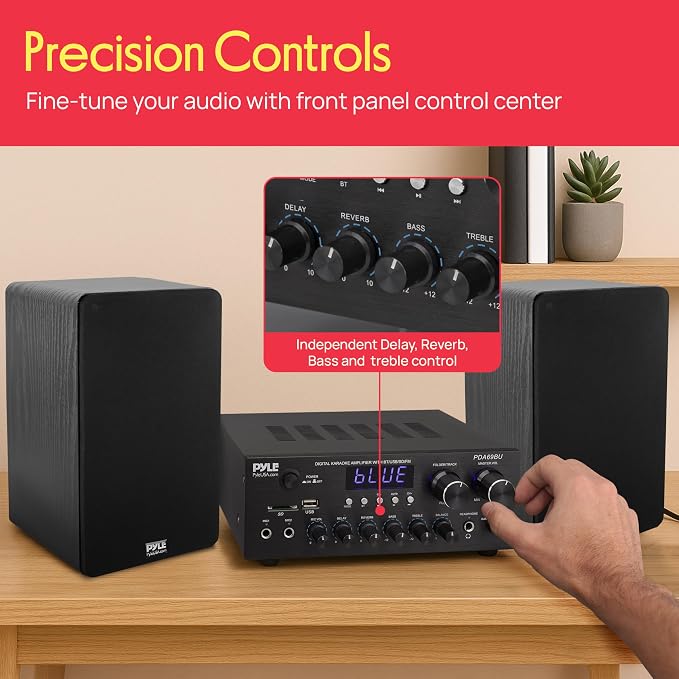 Pyle Home Karaoke Amplifier Receiver with Bluetooth Streaming, 200 Watt Peak, Dual Mic Inputs with Delay and Reverb, 2.0 Channel Hi Fi Sound System, USB-A Input w MP3 Player, RCA/Aux Inputs - PDA69BU