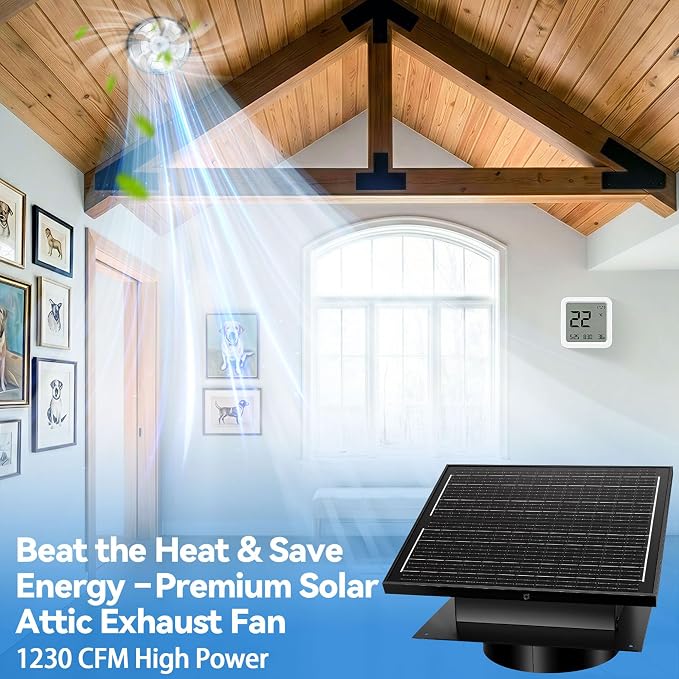 25W Solar Roof Vent Fan with 8 Inch Removable Roof Vents,Solar Attic Exhaust Fan for Ventilation System,Ideal Soalr Roof Fan for Garage, Shop and Warehouse,Black