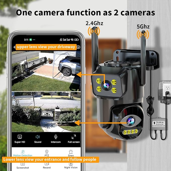 Security Cameras Outdoor Wifi,5G/2.4G Cameras for Home Security with Dual Lens,Motion tracking,Night Vision,24/7 continous record,Work With NVR/DVR Surveillance System,Weather Proof,SD/Cloud Storage