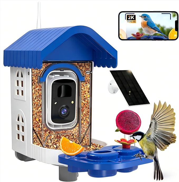 NEEZUKAR Smart Bird Feeder with Camera Solar Powered, AI Species Identification, 2K HD Video, Instant Arrival Alerts, Weatherproof Design for Outdoor, Best Gift for Bird Lovers(Blue)