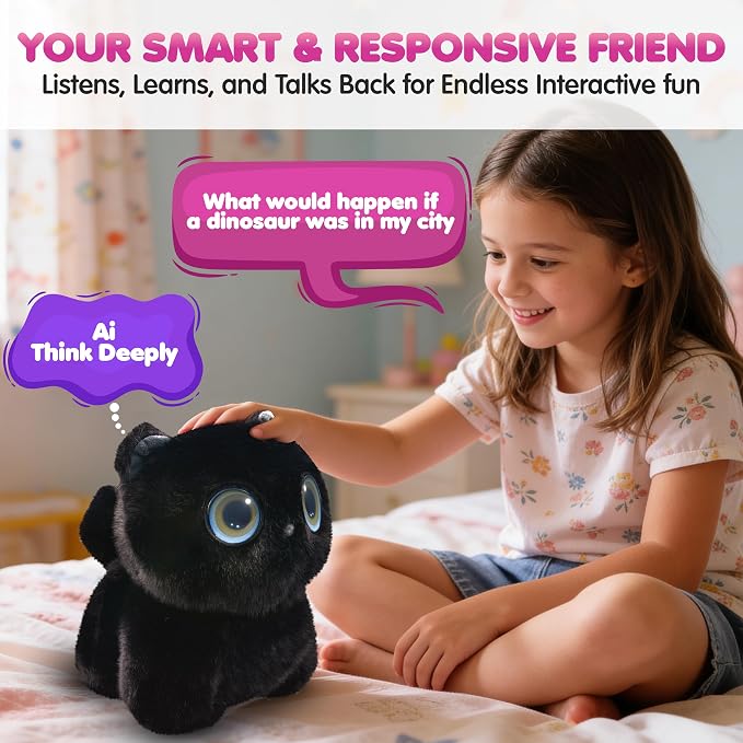 Contixo AI Pixie-Paw Smart Interactive Plush Cat – Voice-Responsive, Touch-Activated, Expressive Eyes, AI Companion Stuffed Animal for Kids & Pet Lovers, Black