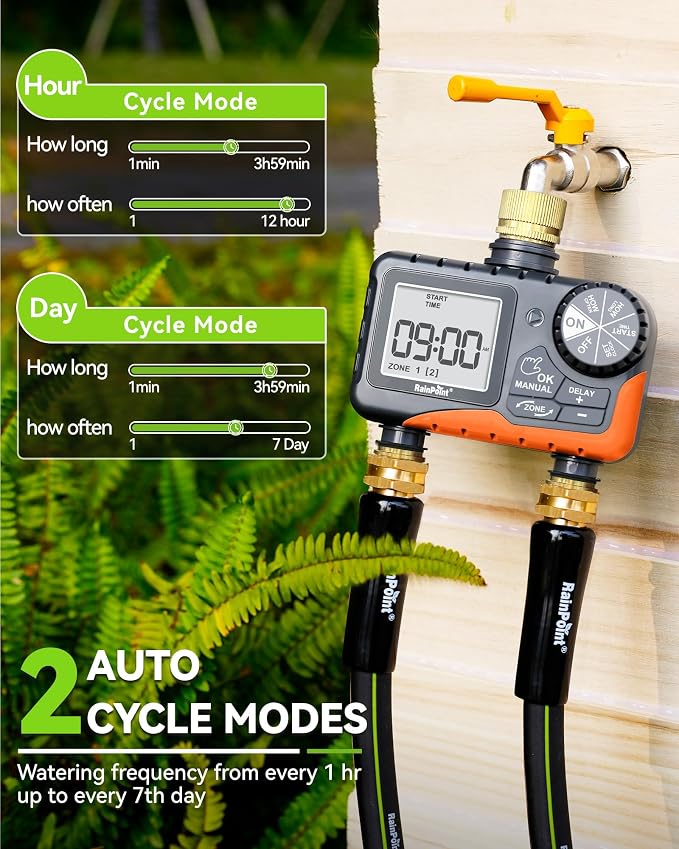 RAINPOINT 2 Zone Sprinkler Timer with Brass Inlet and Outlet - Water Timer for Garden Hose with Rain Delay/Manual Watering/Automatic Irrigation Controller for Yard(Orange)
