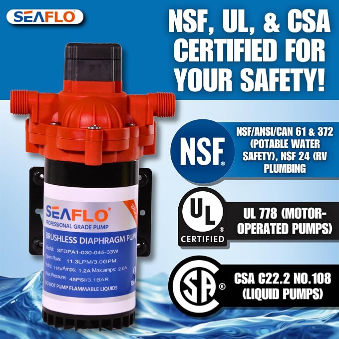 SEAFLO 33W Series 115V AC, 3.0 GPM, 45 PSI Brushless Automatic Demand Diaphragm Water Pressure Pump – Ultra Quiet Operation, Self-Priming, Overload Protection, NSF & UL Certified- 4 Year Warranty!
