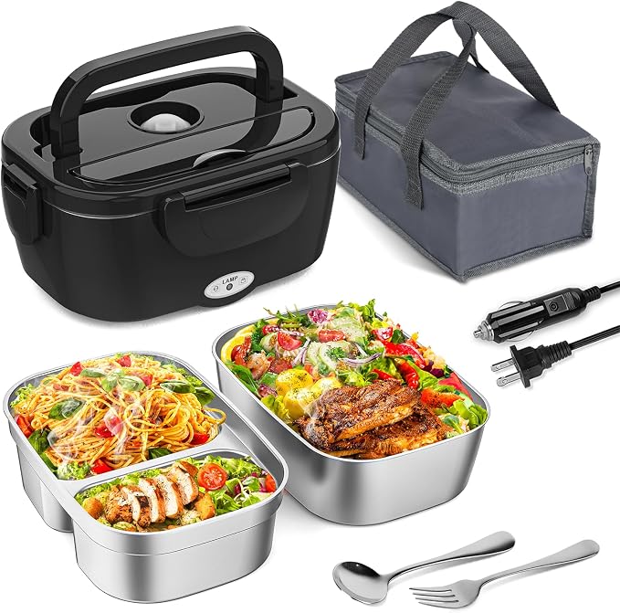 Vingud Electric Lunch Box for Adults, Heated Lunch Box for Men with Dual 1.5L SS Containers, Portable 80W Food Warmer for Car/Truck, Lonchera Eléctrica Portátil Christmas White Elephant Gifts, Black