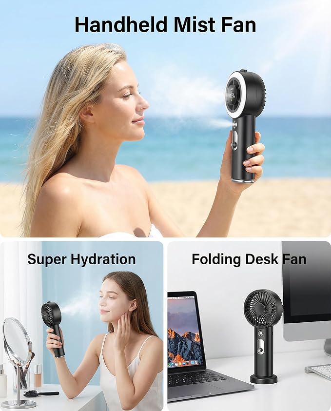 Portable Fan with Mist, AC-Level Ice Cooling Handheld Fan, Personal Fan with 1-199 Speed, 26000 RPM Powerful Turbo Fan, 40ml Water Tank & 5000mAh Battery Mini Fan for Travel, Makeup, Camping, Outdoors
