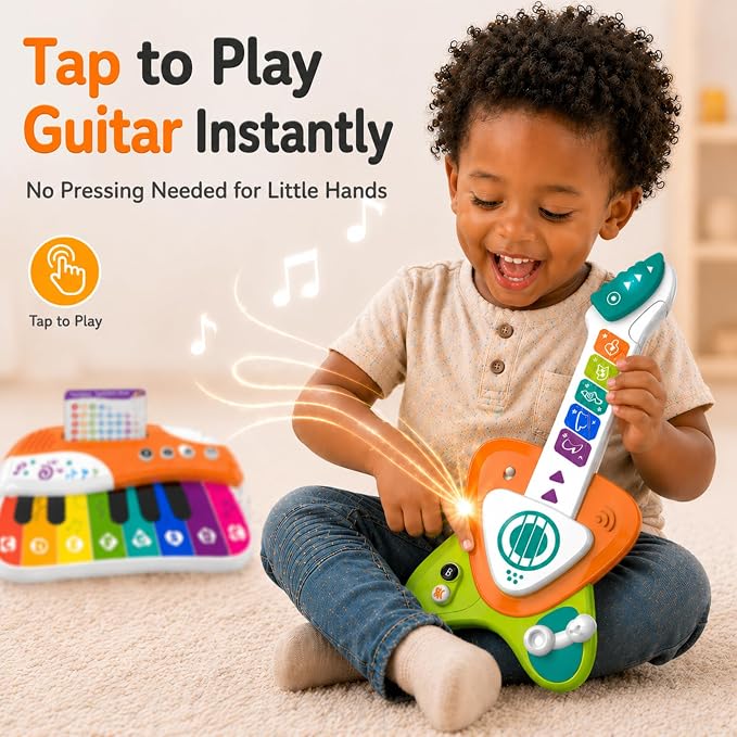Toddler Guitar Toy 1-3, Baby Guitar with Touch Sensor Strings, 2 in 1 Guitar Piano Musical Toy for 1 2 3 Year Old Boys Girls, Educational Music Toy, Birthday Gift