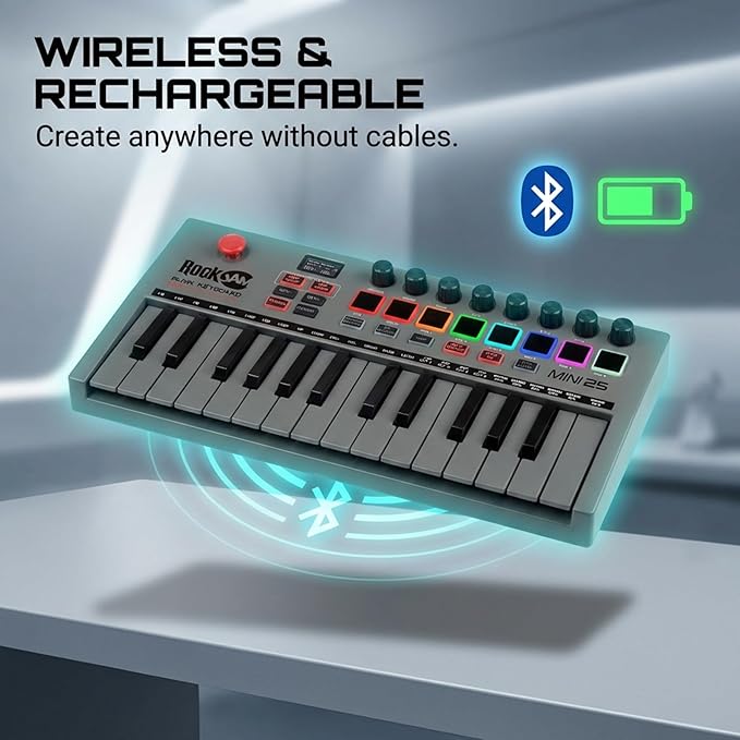 RockJam 25-Key Rechargeable USB MIDI Keyboard Controller – Mini Piano Keyboard with Velocity-Sensitive Pads, Synth Controller, Bluetooth/Wired MIDI, Arpeggiator, DAW Compatible