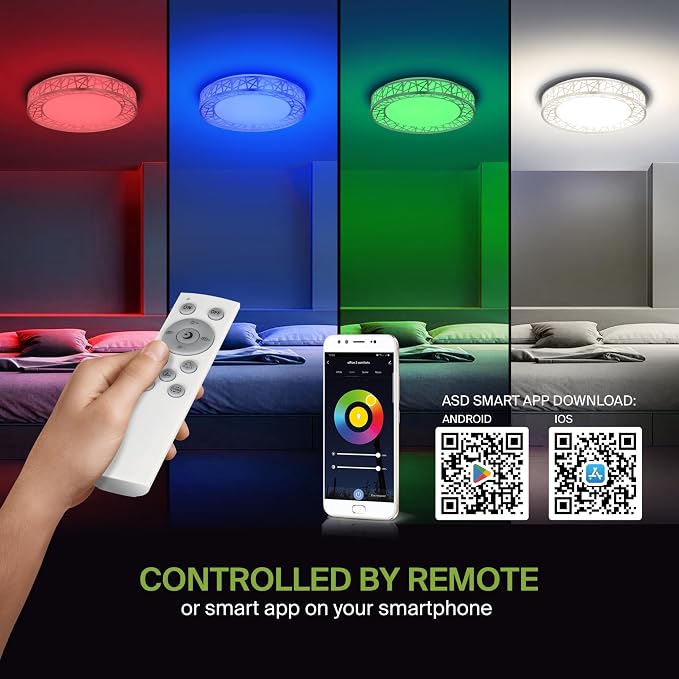 ASD 12 Inch Smart RGBW Flush Mount Ceiling Light with Remote - Brushed Nickel 20W 120V 2700-6500K Dimmable Ceiling Light Fixture, WiFi App Control RGB Lights, Alexa & Google Assistant - ETL