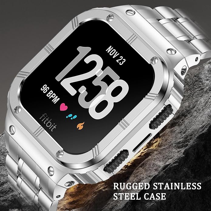 BAITEYOU Stainless Steel Watch Band with Case Compatible for Fitbit Versa/Fitbit Sense Bands, Rugged Protective Bumper Metal Wristbands for Men Women