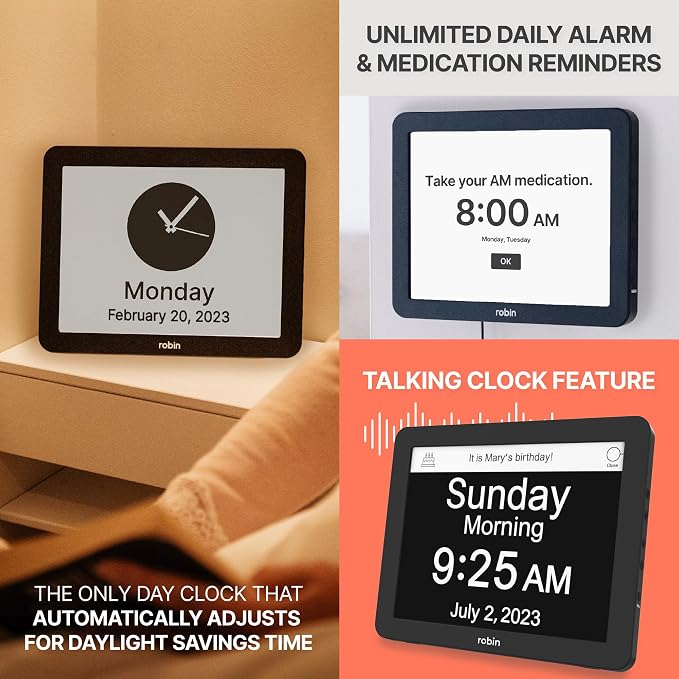 Robin Day Clock 2026 for Seniors, 12" Large Digital Calendar Dementia Clock with Talking Function, Alarms, Easy-to-Read Display for Elderly, Day Date Time, Medication Reminder, DST, Black