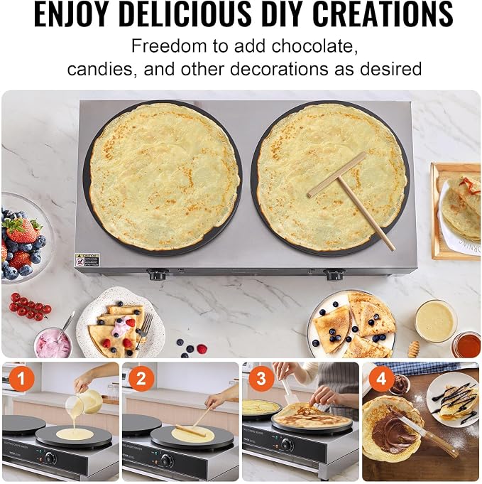 VEVOR Electric Crepe Maker, 16-Inch Double Head Commercial Crepe Machine, 3400W Flat Plate Crepe Griddle, Nonstick Stainless Steel Pancake Making, Desktop Circular Cereals Pancake Stove, AC120V 60Hz