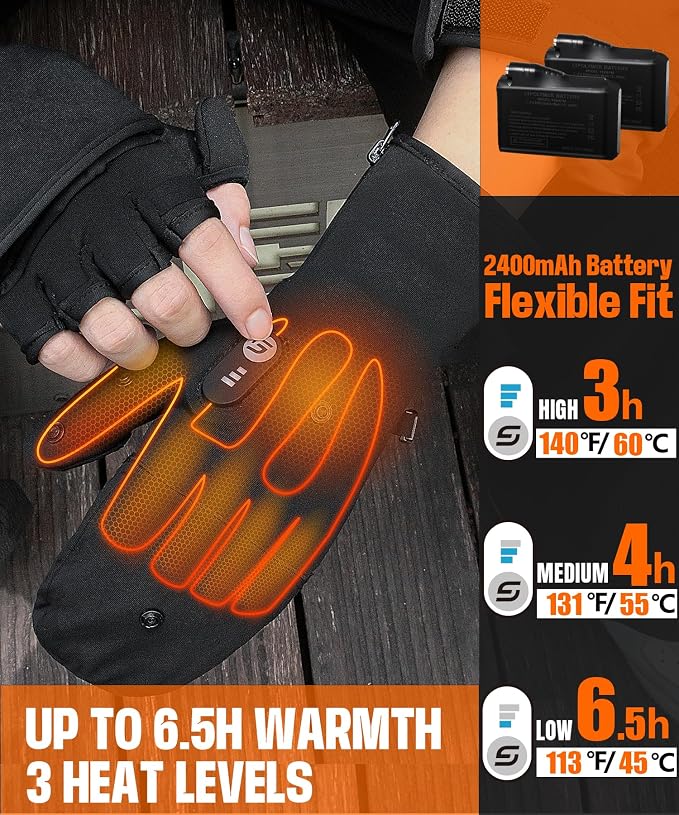 Heated Gloves for Men Women Rechargeable with 7.7V 2400mAh Battery Fingerless Thin Mittens Winter Work Typing with Light-Off Design