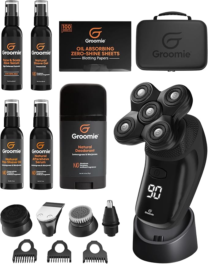 Groomie Mens Grooming Bundle - BaldiePro Electric Head Shaver for Bald Men Includes Travel Case, Charging Dock & Accessory Kit - Deodorant, Scalp & Face Serum, Shave Gel, Aftershave, Pre-Shave Oil