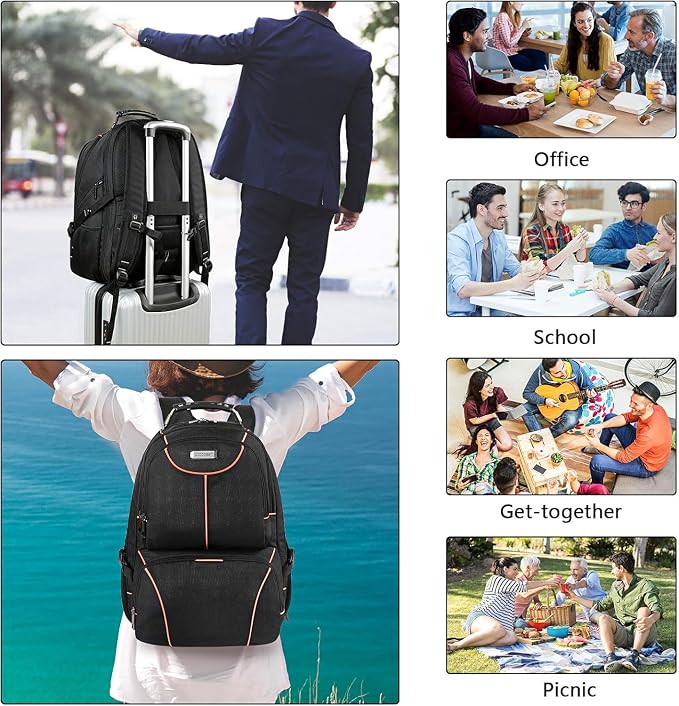 VECKUSON Lunch Bag Backpack, Insulated Cooler Lunch Box Backpack, Extra Large Travel 17.3 inch Laptop Backpack TSA Friendly RFID Computer Backpack for Women Men,Orange