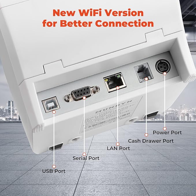 MUNBYN WiFi Thermal Receipt Printer with USB/LAN/RS232 Port, 80mm POS Printer Works with Square Windows Mac Chromebook Linux Cash Drawer, White