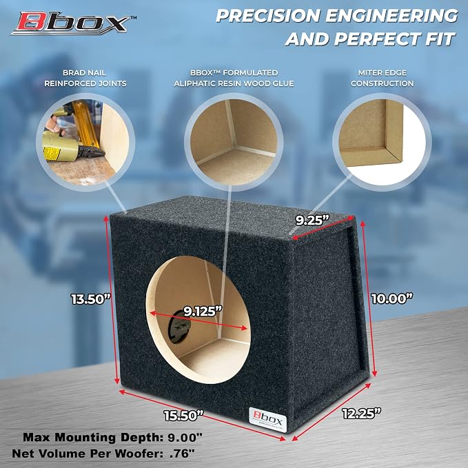 Bbox Single 10 Inch Subwoofer Sealed Enclosure - Car Subwoofer Box & Enclosures - Premium Subwoofer Box Improves Audio Quality, Sound & Bass - Red & Black Spring Terminals - Charcoal