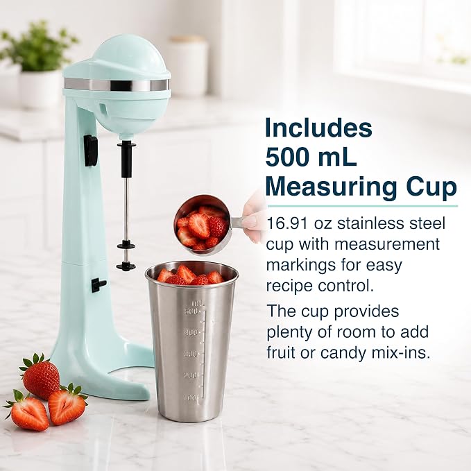Retro Milkshake Maker, Electric Drink Mixer with 17oz Stainless Steel Mixing Cup, Milkshake Machine & Frappe Maker, 2-Speed Shake Mixer for Smoothies, Ice Cream Drinks & Coffee