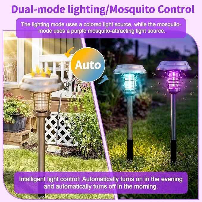 4 Pcs Solar Bug Zapper Outdoor Waterproof Mosquito Repellent light Solar Power Fly Killer lamps for Moths, Gnats, Fly, Small Flying Insect Backyard Garden Lawn (Stainless Steel,Purple & Colored Light)