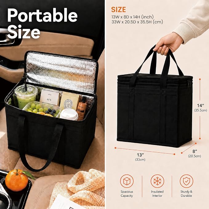 NZ home Insulated Bags for Food Delivery (Medium) Grocery Shopping Cooler Bag, Pizza Delivery, Hot & Cold Catering Tote, Reusable, Foldable & Heavy Duty (Black)